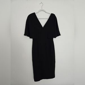 Dress the Population Black V Neck Midi Dress with Cape Sleeves | M